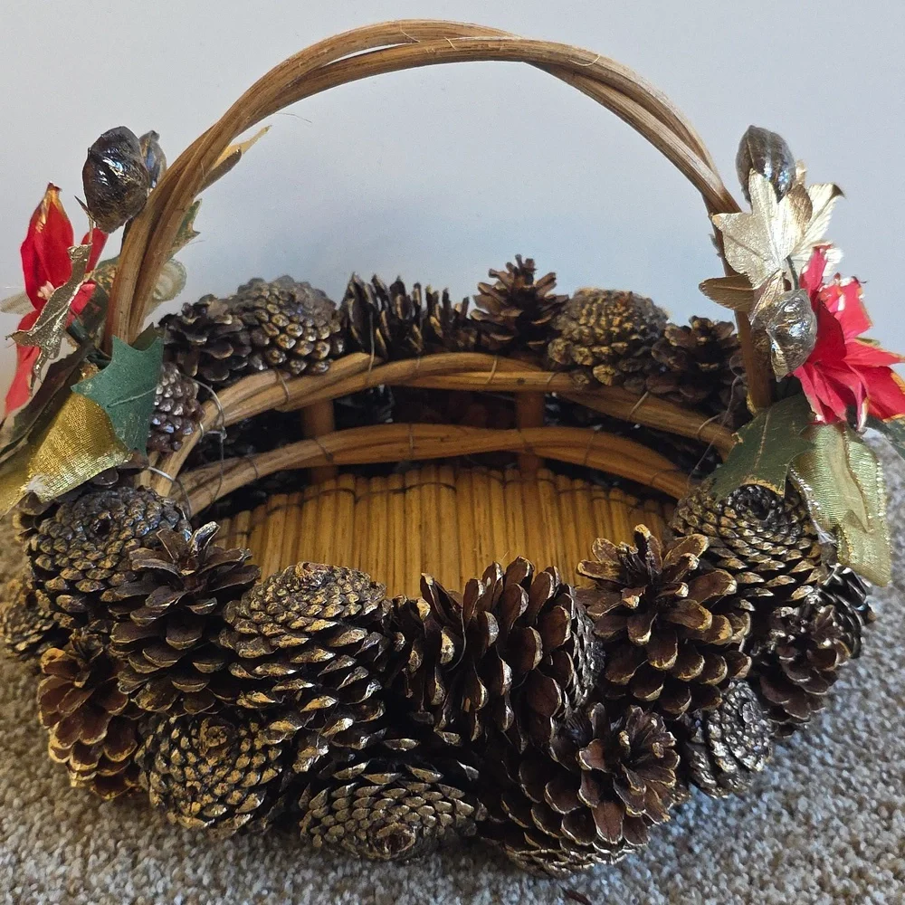 Vintage Pinecone Basket with Red And Gold Accents